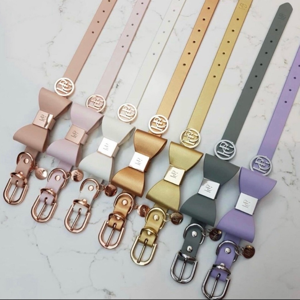 Gold Leather Dog Collar, Gold Hardware and Removable Bow, X-Small - Picture 10 of 15